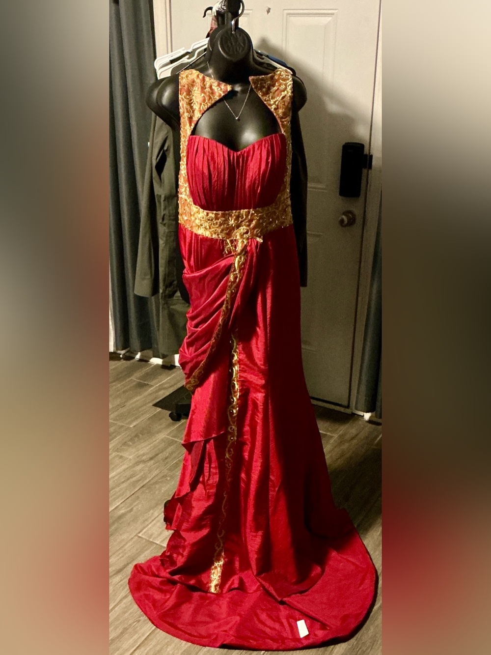 Red and Gold Embellished Evening Gown